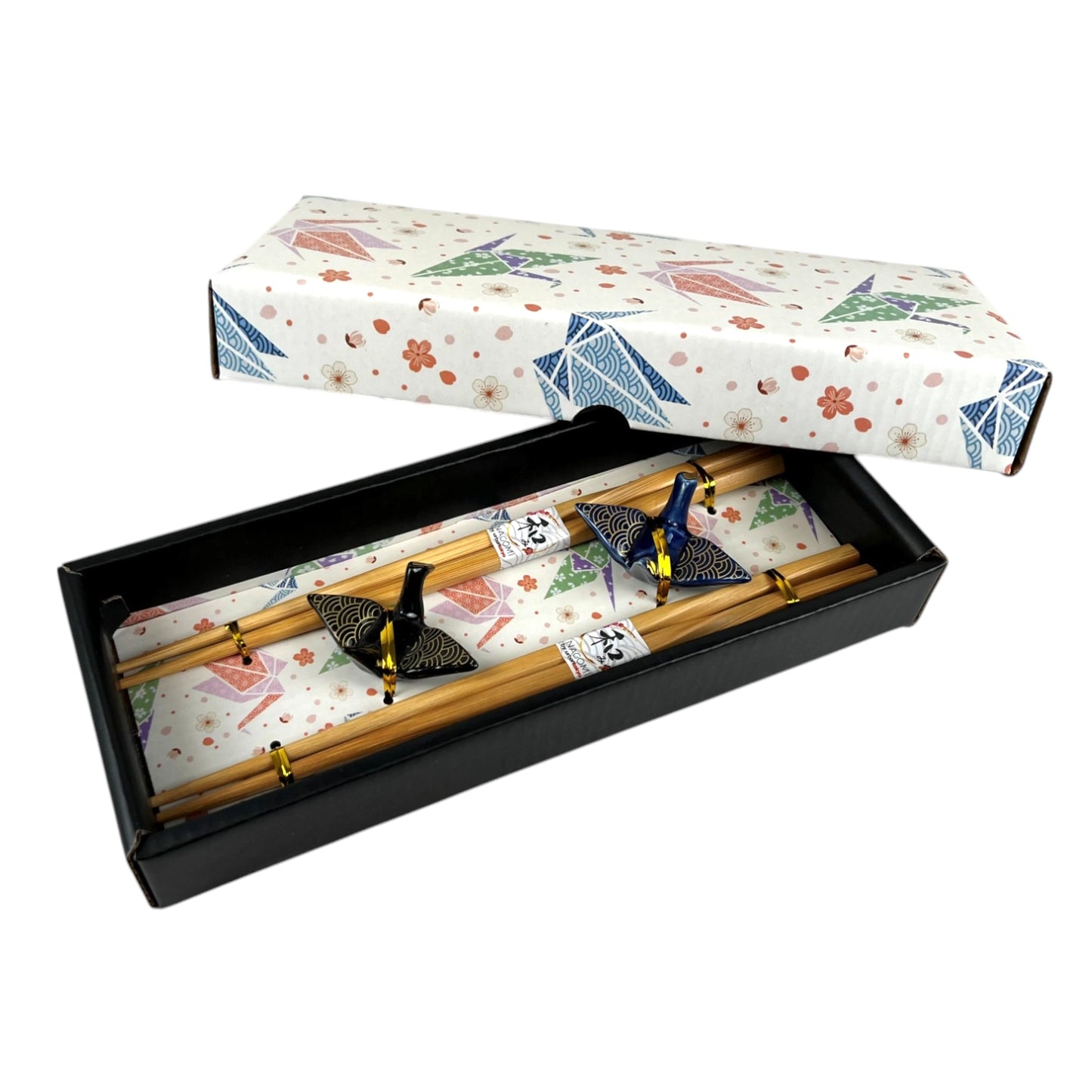 Crane themed chopstick set with decorative packaging on a white background