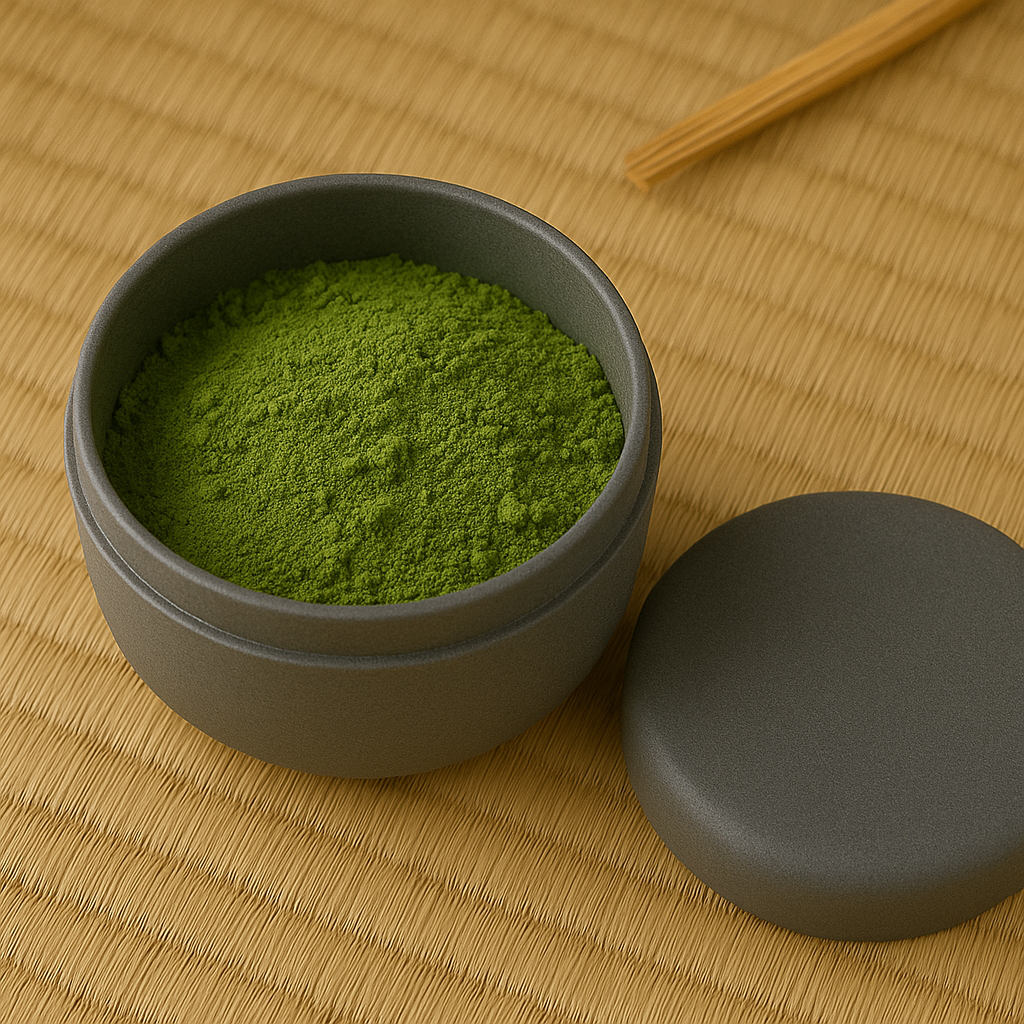 Dark gray container with green matcha powder on a wooden surface