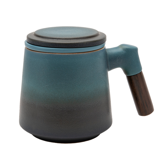 Blue Tea Infuser Cup with Lid and Wooden Handle