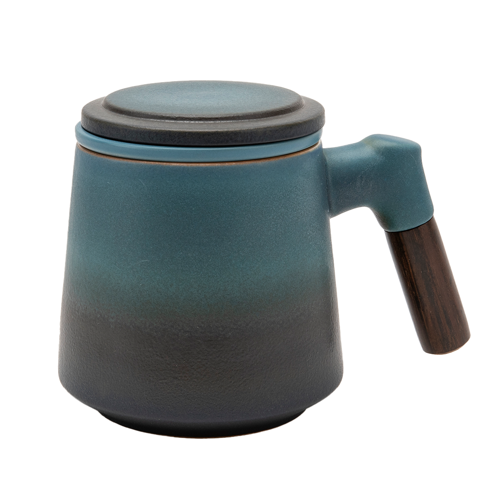 Blue Tea Infuser Cup with Lid and Wooden Handle