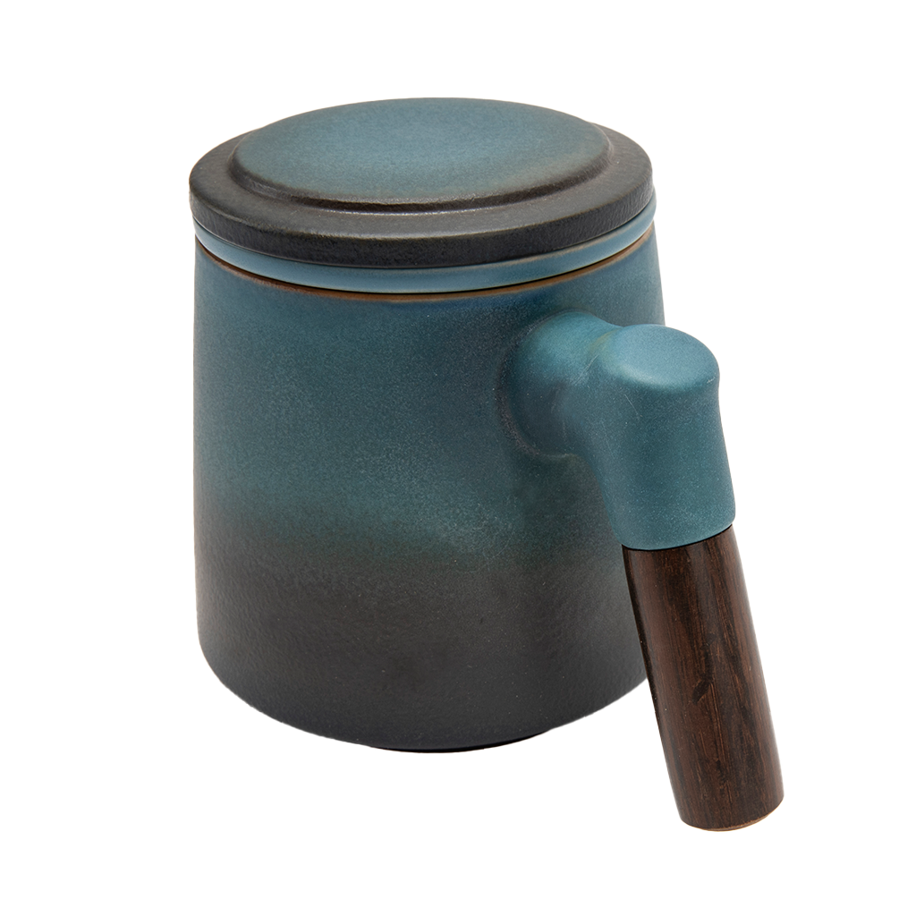 Blue Tea Infuser Cup with Lid and Wooden Handle