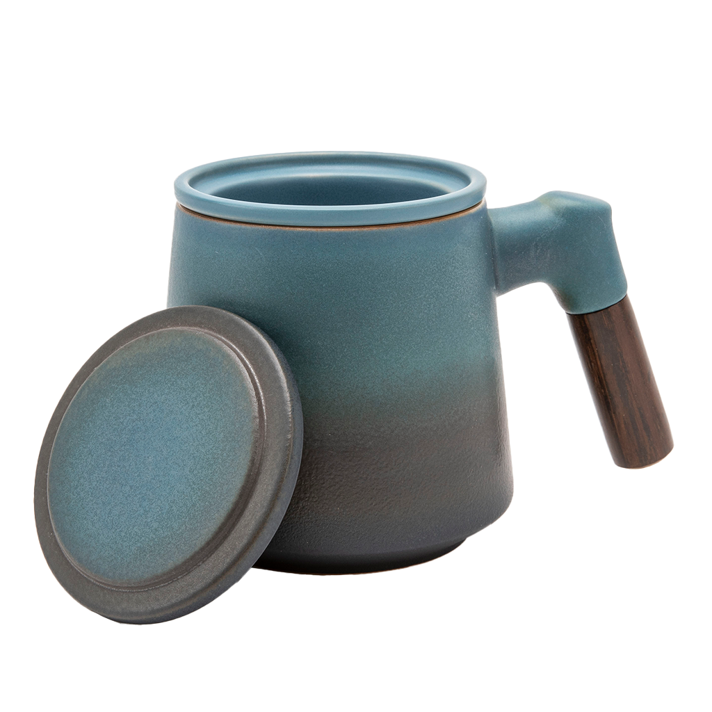 Blue Tea Infuser Cup with Lid and Wooden Handle