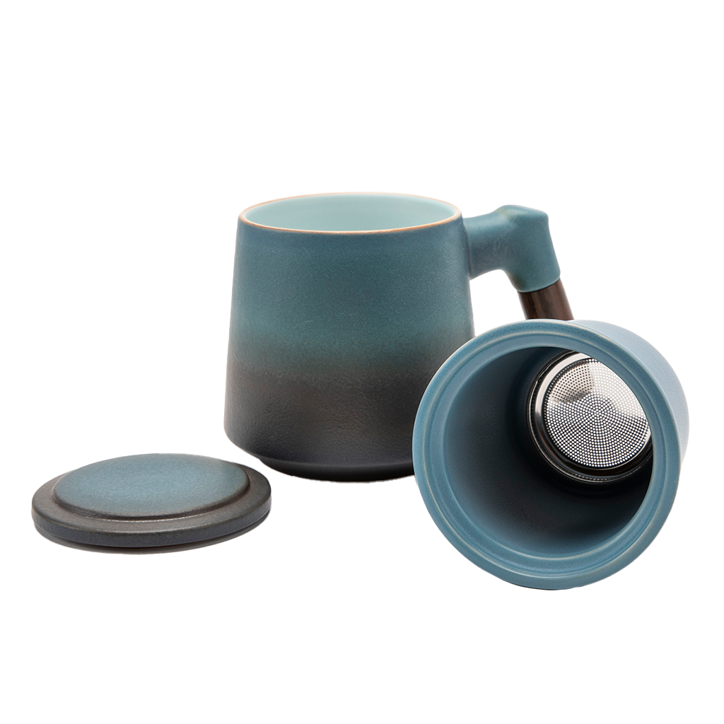 Blue Tea Infuser Cup with Lid and Wooden Handle