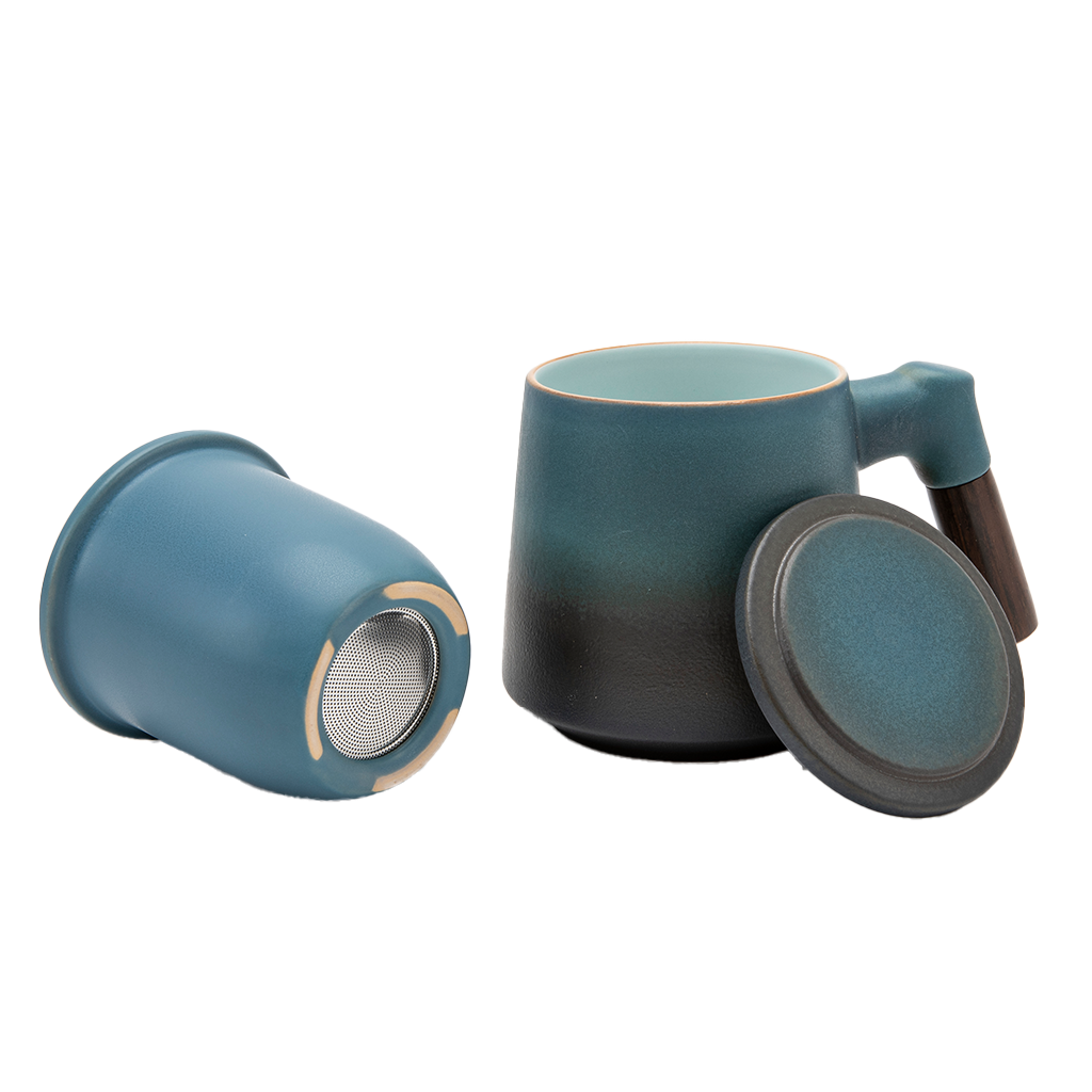Blue Tea Infuser Cup with Lid and Wooden Handle