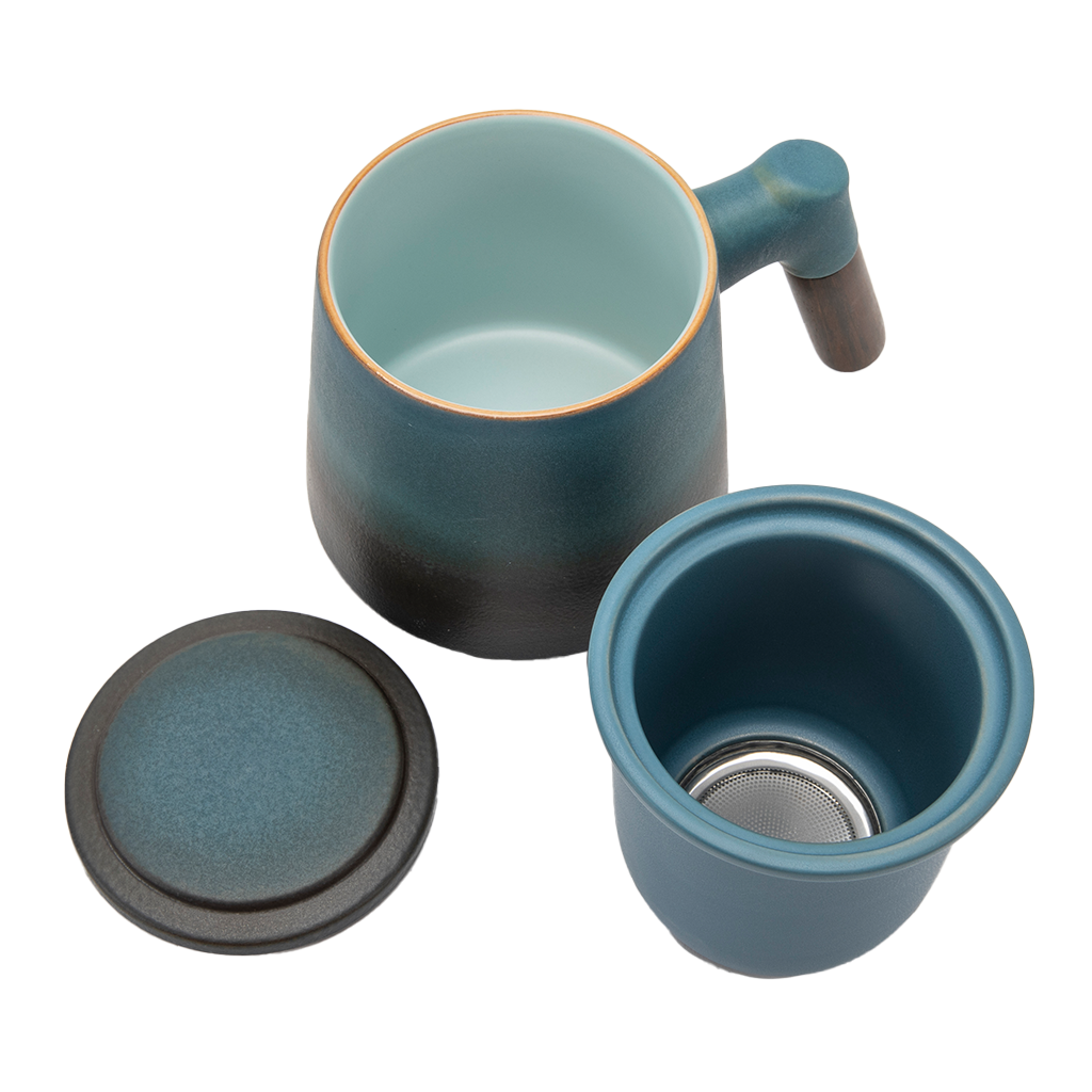 Blue Tea Infuser Cup with Lid and Wooden Handle