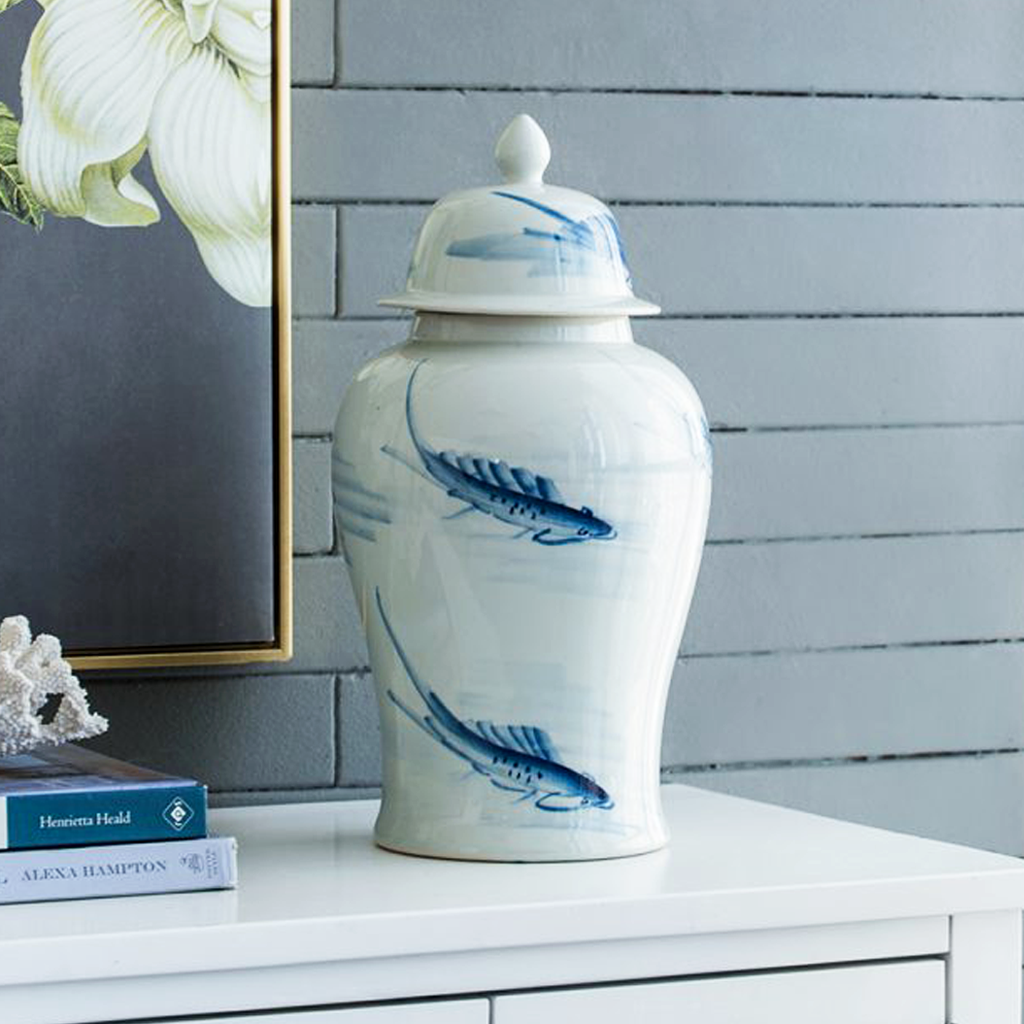 Porcelain Temple Jar with Lid - Koi