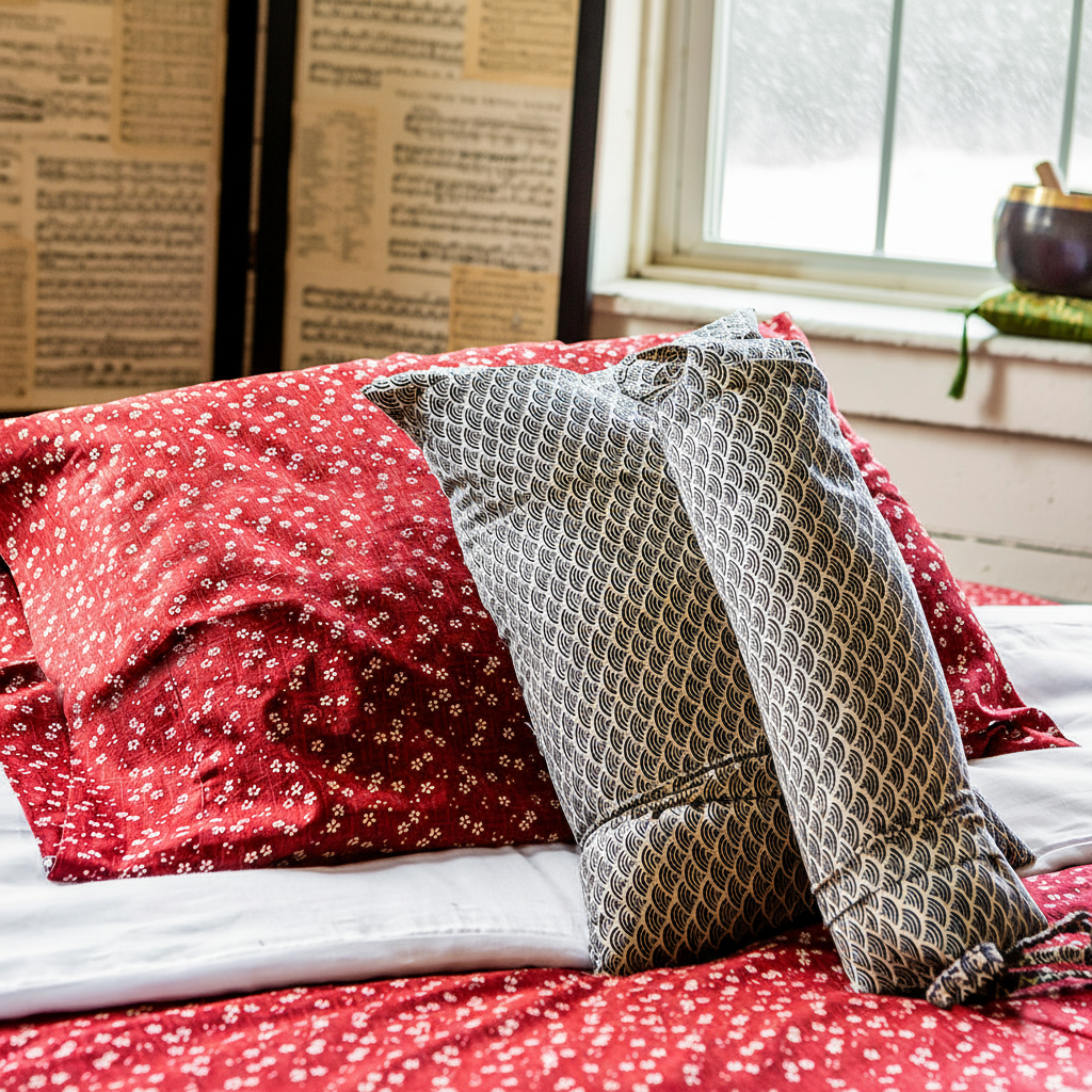 Red patterned bedding with gray textured pillows on a bed.