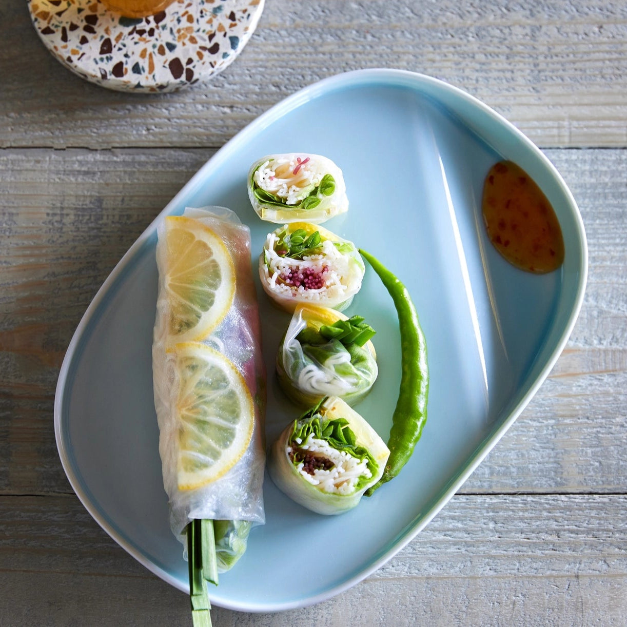 Plated food on a wooden table