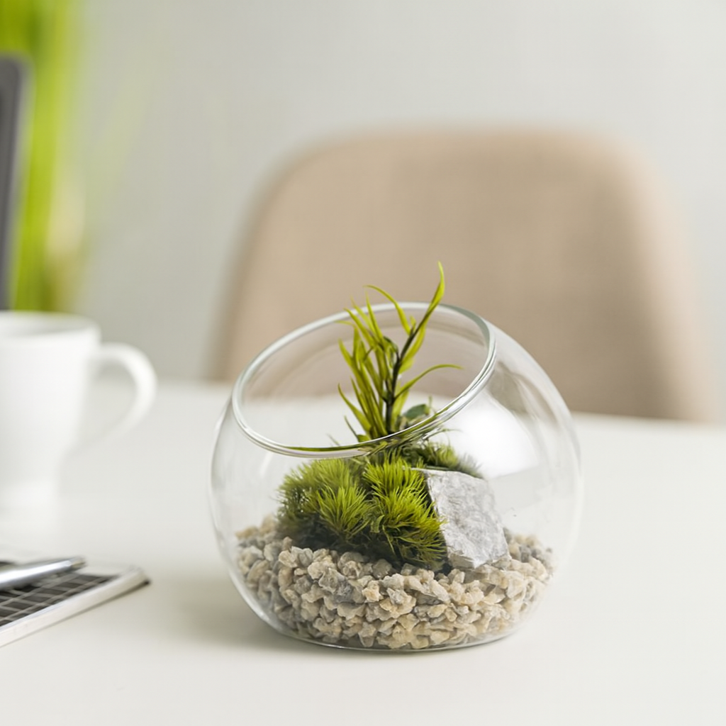 Laptop, mug, and small terrarium with plants on a desk