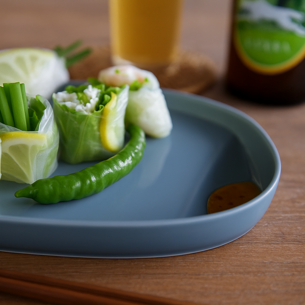Plated dish of spring rolls with vegetables on a wooden table