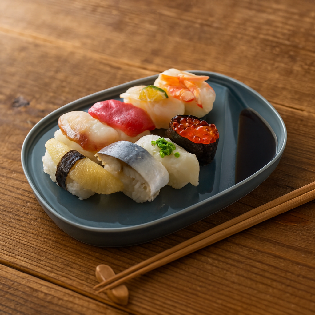 Assorted sushi on a dark blue plate with chopsticks on a wooden surface