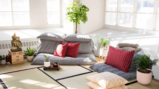 Shikifuton Room set up with tatami mat, shikifutons, buckwheat hull pillows, silk pillows, tatami mat | J-Life