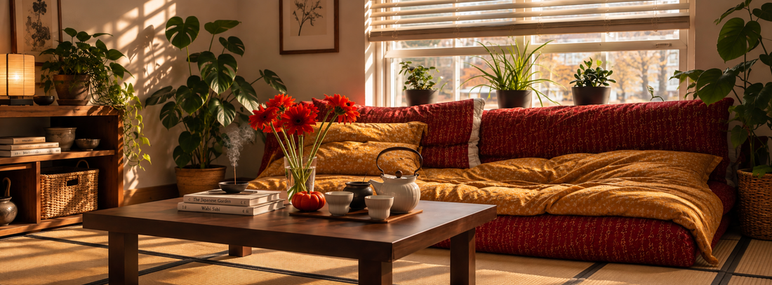 shikifuton with kakefuton and buckwheat hull pillows on tatami mat in a bright room with plants and warm hues