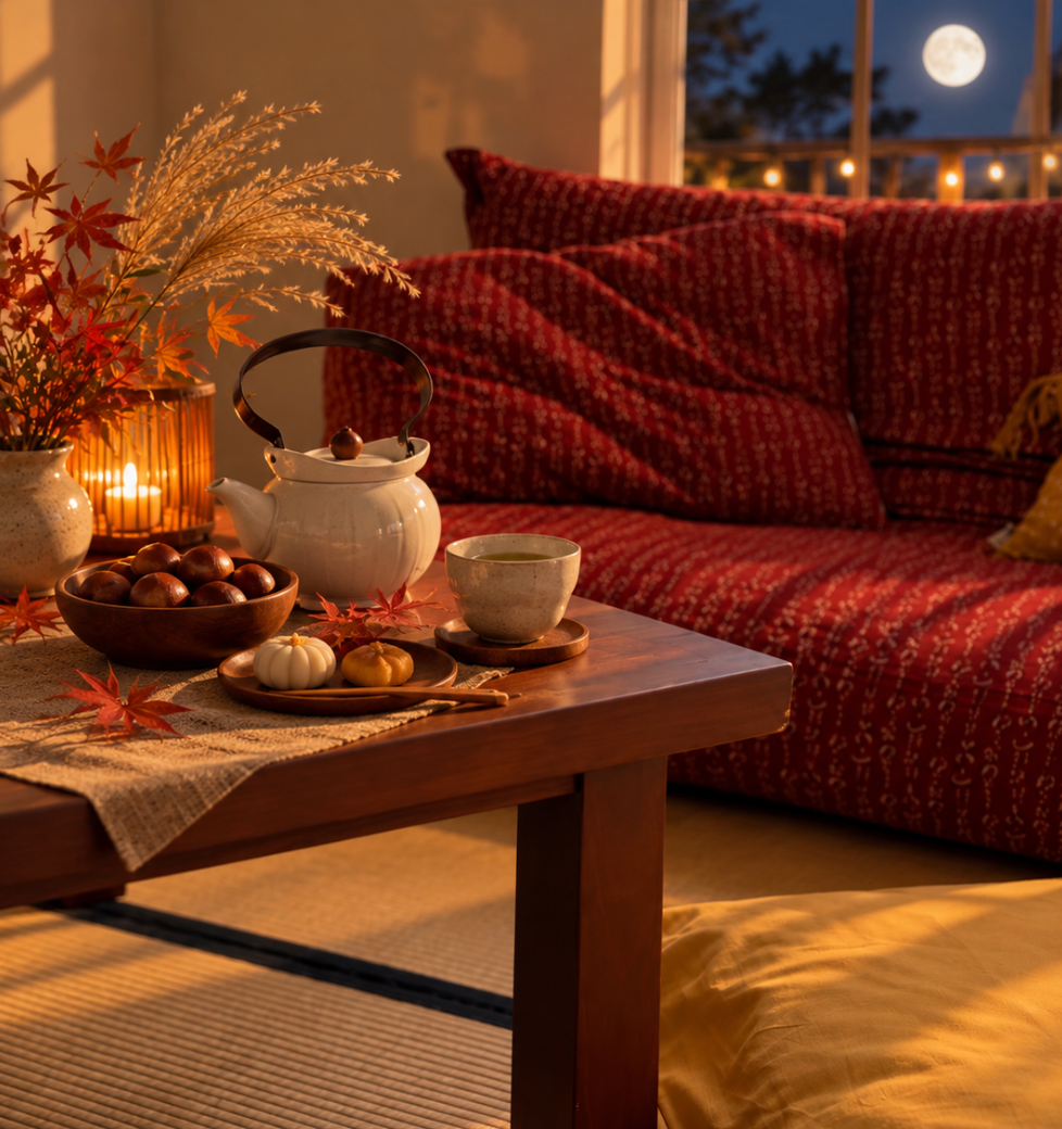 shikifuton set up with floor table chestnuts a tea set tatami mat and silk pillow