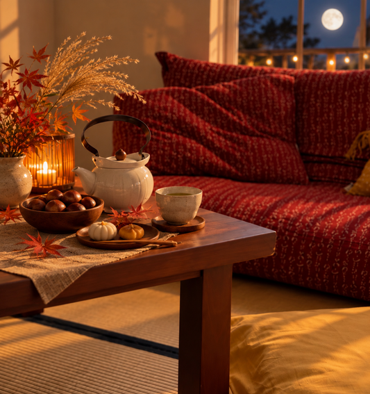 shikifuton set up with floor table chestnuts a tea set tatami mat and silk pillow