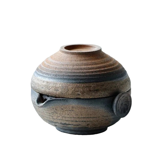 Ceramic chawan with striped design on a white background