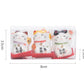 Three small ceramic cat figurines in packaging with dimensions displayed.
