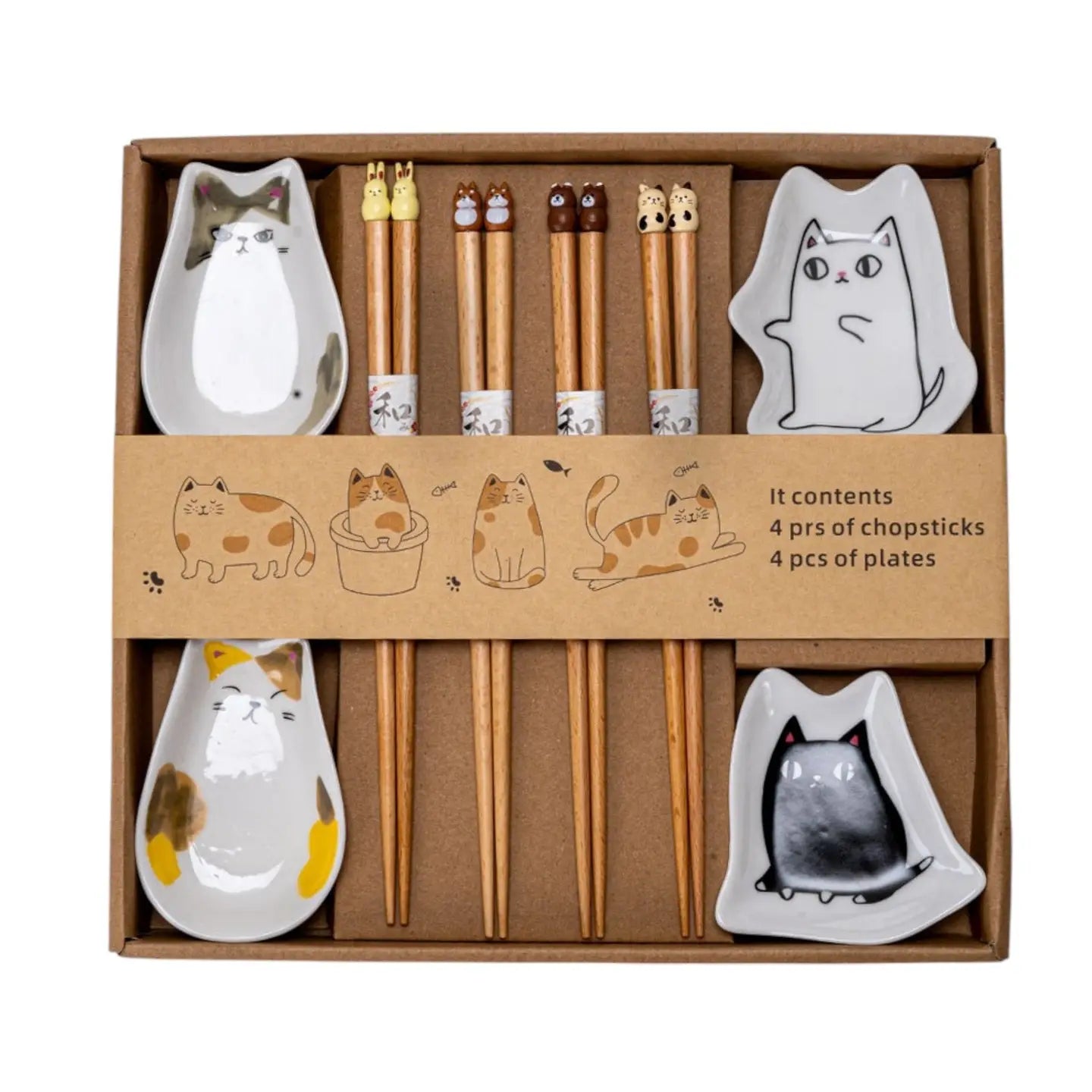 Set of chopsticks and cat-themed ceramic plates in a box with cartoon illustrations.