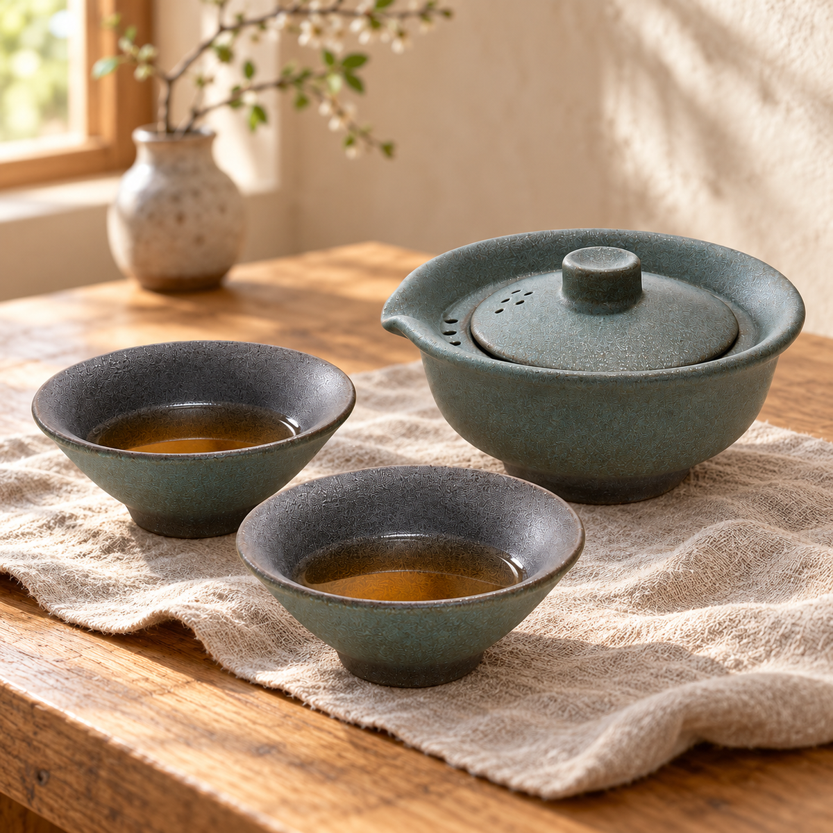 Chawan travel set in green blue color on a wood table. 