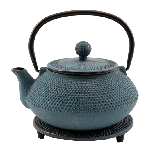 Blue Cast Iron Teapot With Trivet