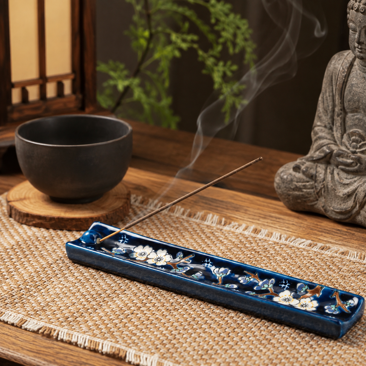 A blue ceramic incense holder with white floral detailing, containing a smoking incense stick, styled on a woven mat with a dark bowl and a Buddha statue in the background.