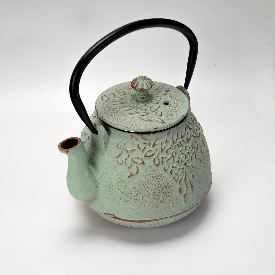 Mint green iron tea pot with black handle on a white background.
