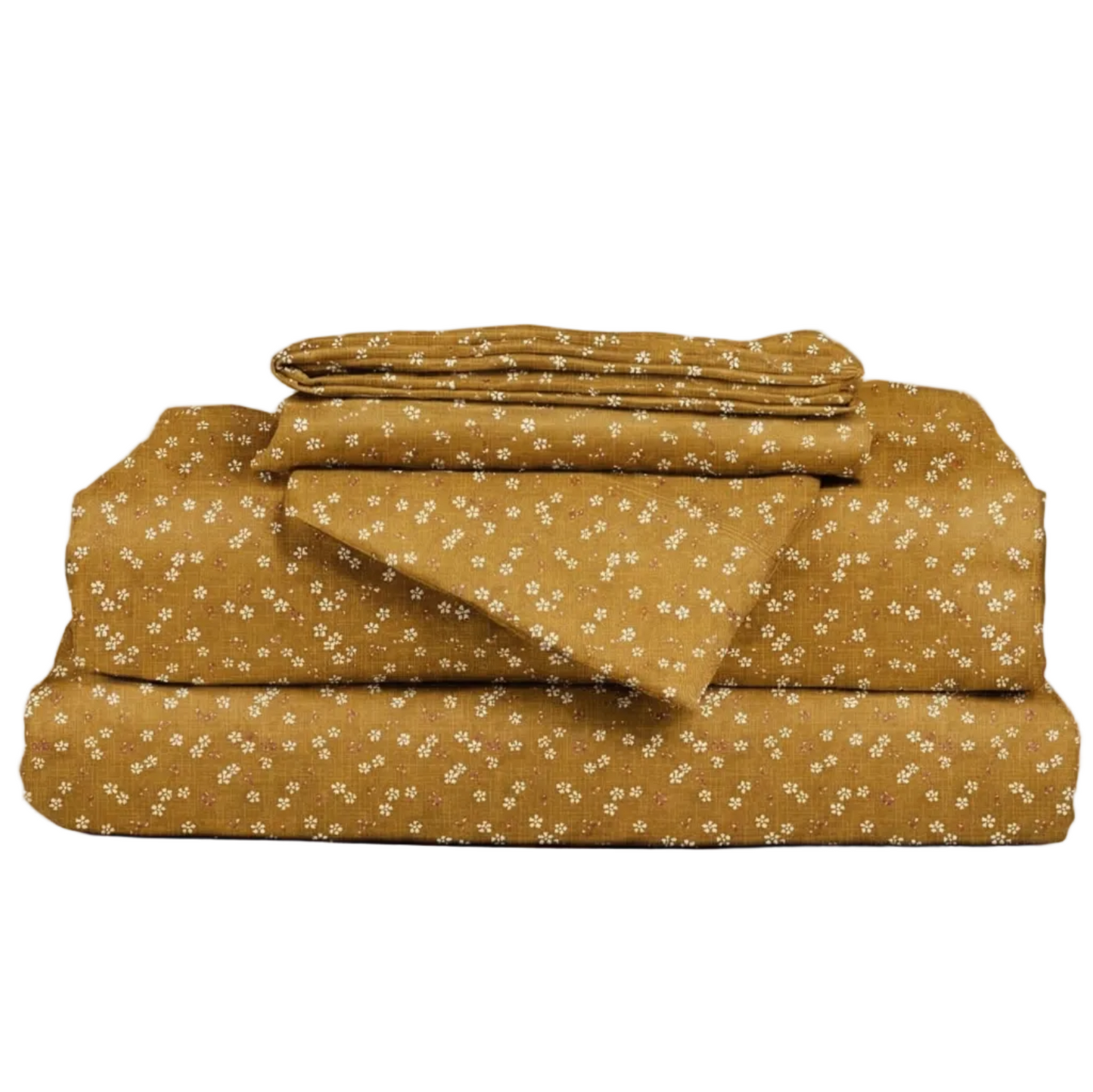 Stack of gold yellow floral-patterned bed sheets on a white background