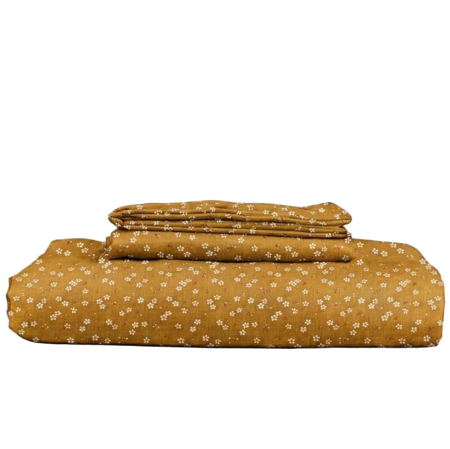 Gold yellow floral patterned bed sheet set on a white background