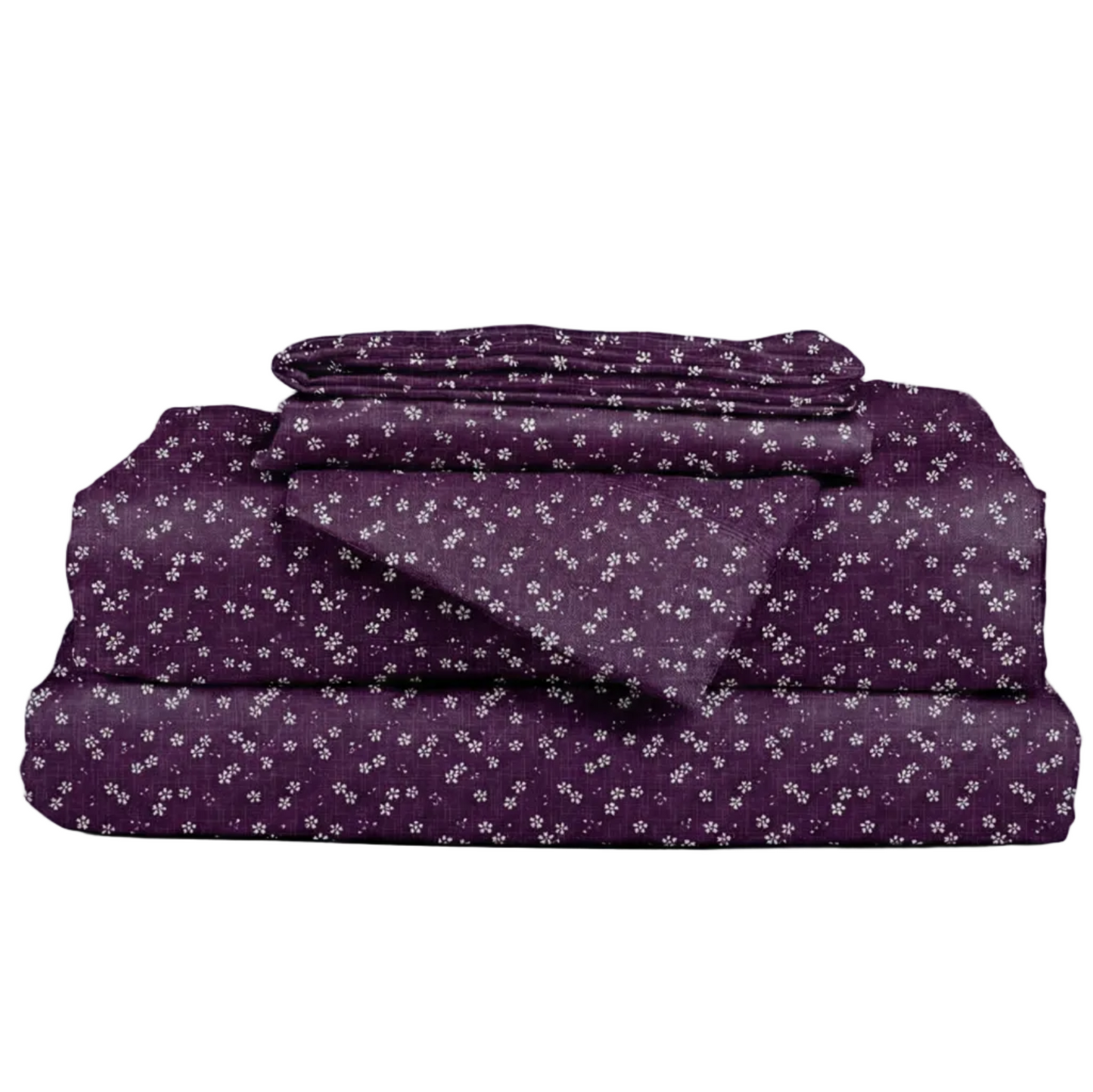 Set of purple floral-patterned bedding on a white background