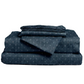Set of dark blue patterned bedding on a white background