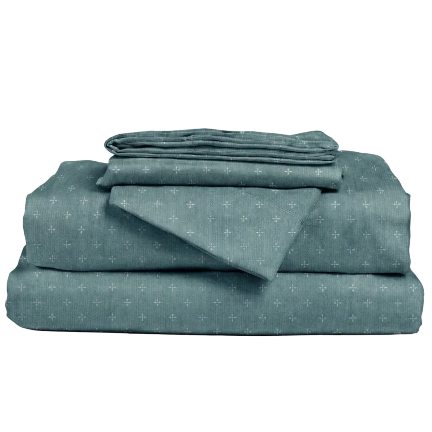 Set of green patterned bedding on a white background