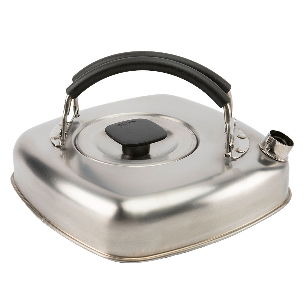 Stainless steel camping kettle with black handle on a white background