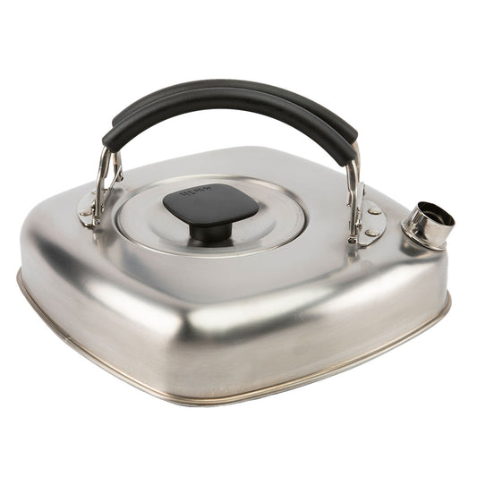 Stainless steel camping kettle with black handle on a white background