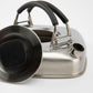 Stainless steel kettle with black handle on a white background