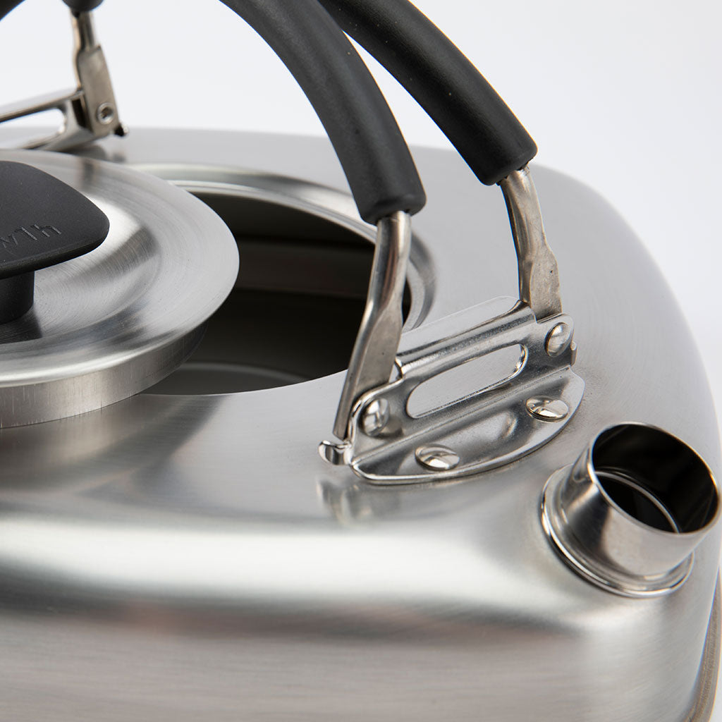 Close-up of a silver teakettle with black handle and lid knob on a white background