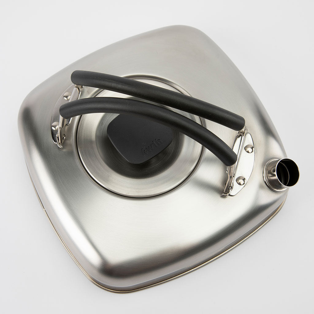 Stainless steel tea pot with cover and black handle on a white background