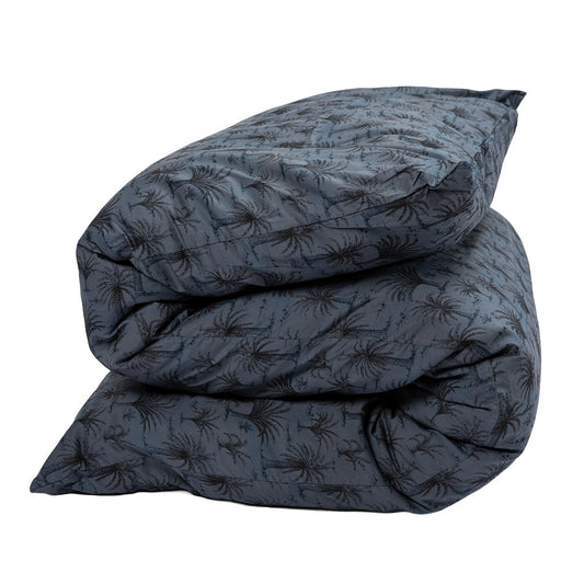 A folded shikifuton with a black palm tree pattern, isolated on a white background.