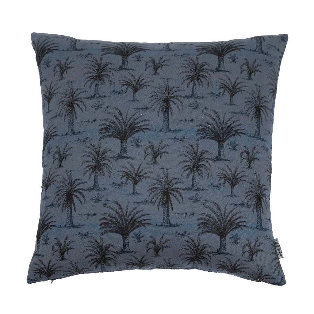 A square throw pillow featuring a dark blue and gray palm tree pattern on a textured fabric background, shown against a plain white background.