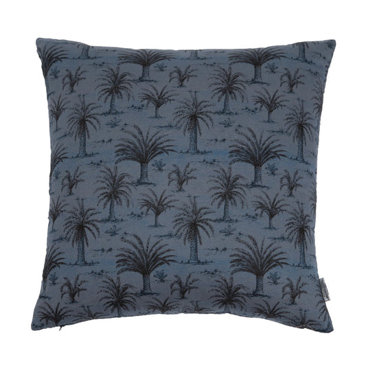 A square throw pillow featuring a dark blue and gray palm tree pattern on a textured fabric background, shown against a plain white background.