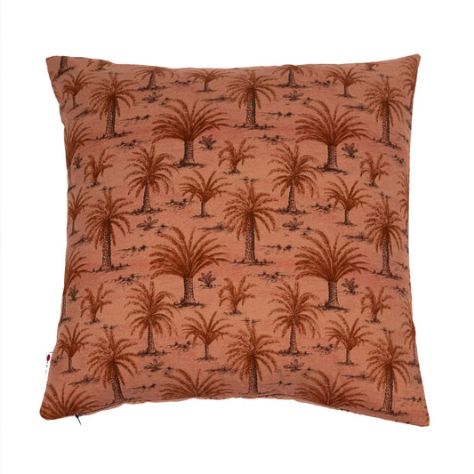 A square throw pillow featuring a terracotta orange background with a repeating dark brown palm tree pattern, shown against a plain white background.