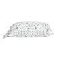 Side angle of a pillowcase with soft purple and blue floral designs.