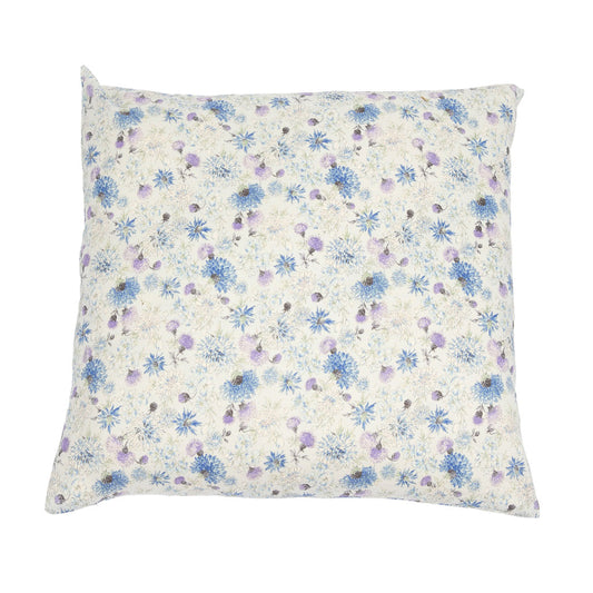 A square zabuton floor pillow featuring a delicate, all-over floral print in shades of blue and purple on a warm cream background.