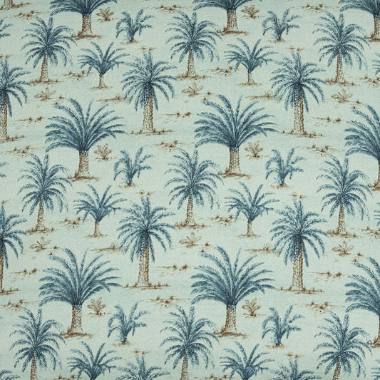 A square throw pillow featuring a repeating palm tree pattern in blue and brown on a pale mint green background, shown against a plain white studio background.