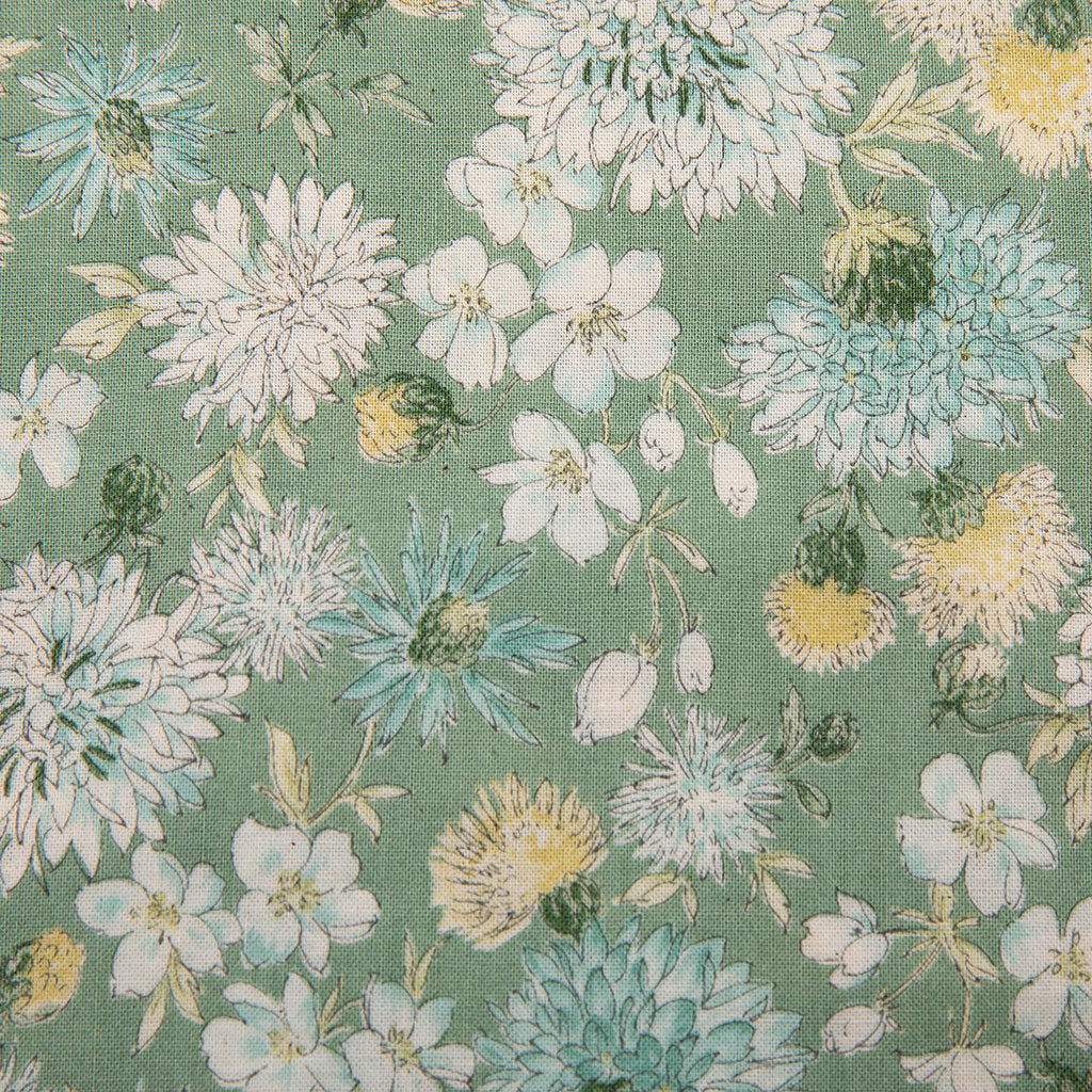 A close-up of a fabric or wallpaper pattern featuring a dense floral print with white, light blue, and yellow flowers on a muted sage green background.
