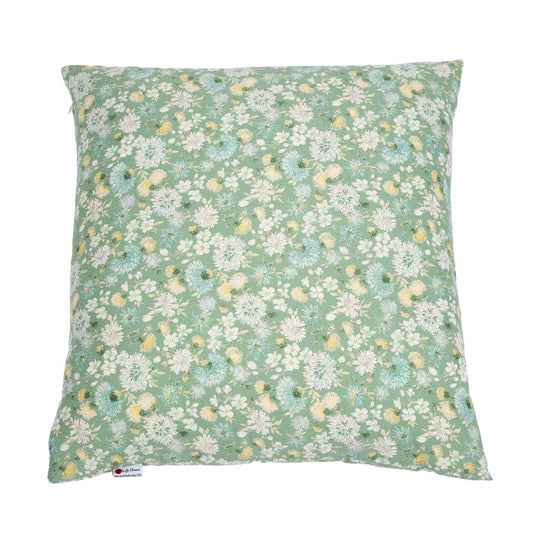 A square decorative throw pillow featuring a dense, all-over floral print in sage green, white, light blue, and soft yellow, shown against a plain white background.