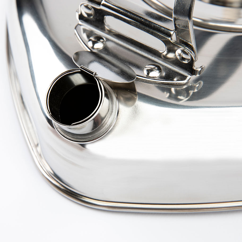 Close-up of a metallic teapot with a shiny finish on a white background