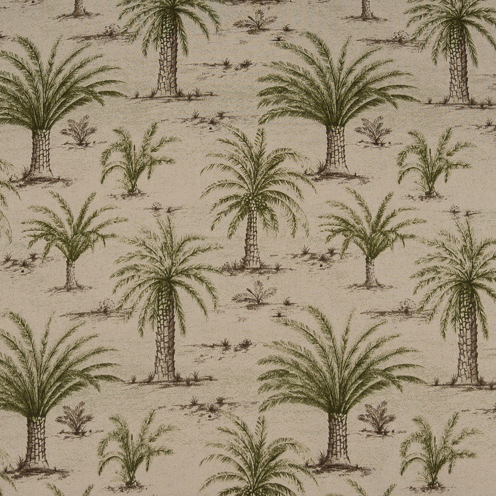 Beige fabric featuring a repeating toile-style pattern of palm trees in muted green and brown tones.