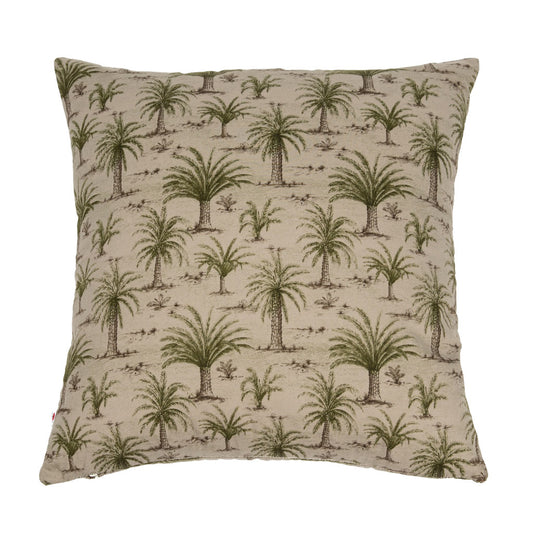 A square throw pillow featuring an all-over palm tree print on a warm beige background, isolated on a white studio background.