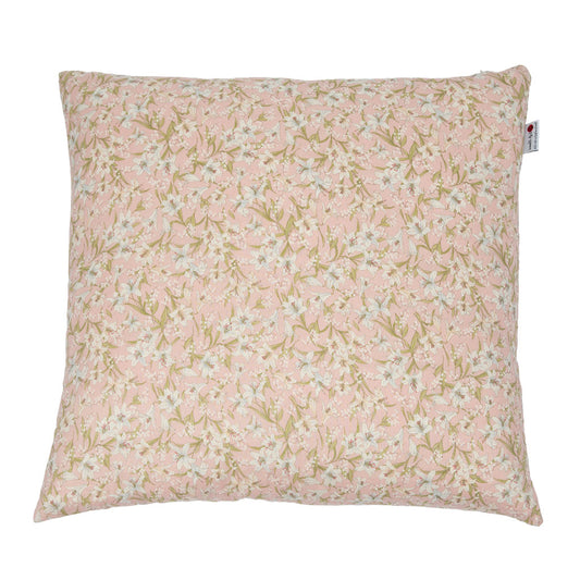 A square decorative throw pillow featuring a delicate pink and beige floral pattern with small white blossoms, shown against a plain white background.