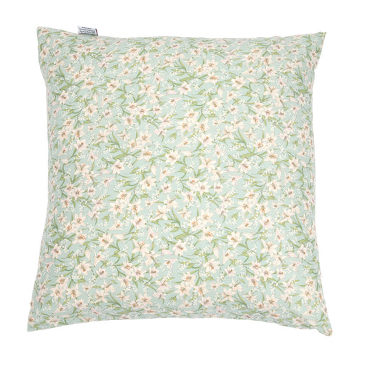 A square decorative throw pillow featuring a delicate floral print in sage green, mint, and soft pink on a white background.